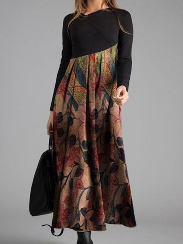 Irregular neck long sleeve printed women elegant maxi dresses