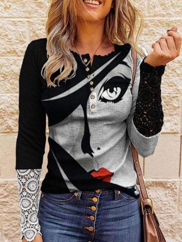 Women printed eye and lip lace sleeve T-shirts