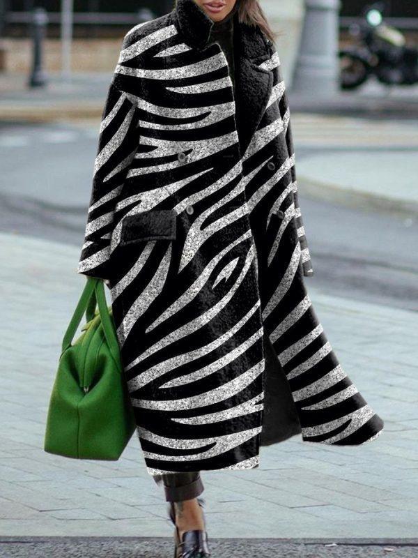 Women stylish printed stand up collar long coats