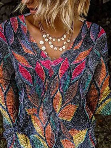 Long Sleeve Leaves V Neck Floral-Print tops Sweaters