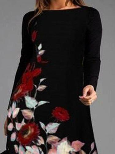 Fashion Casual Floral Print Long Sleeve Round Neck Maxi Dresses