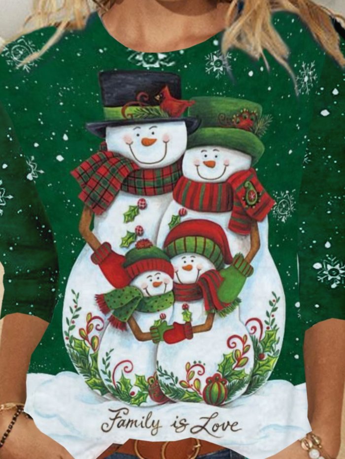 Christmas Xmas Snowman Long Sleeve Round Neck Plus Size Printed Tops T-shirts