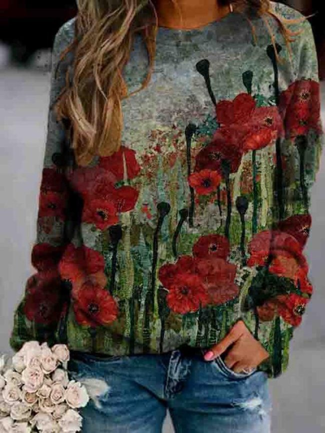 Women Fashion Flower Print Sweatshirts