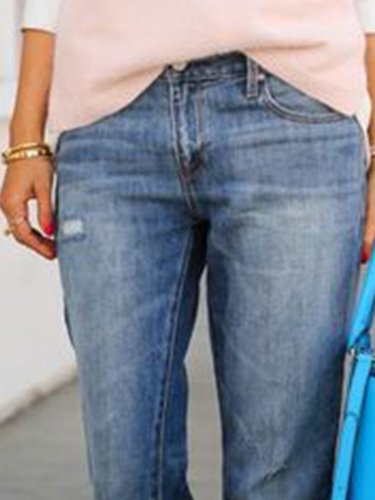 Blue Solid Pockets Simple Denim Pants
