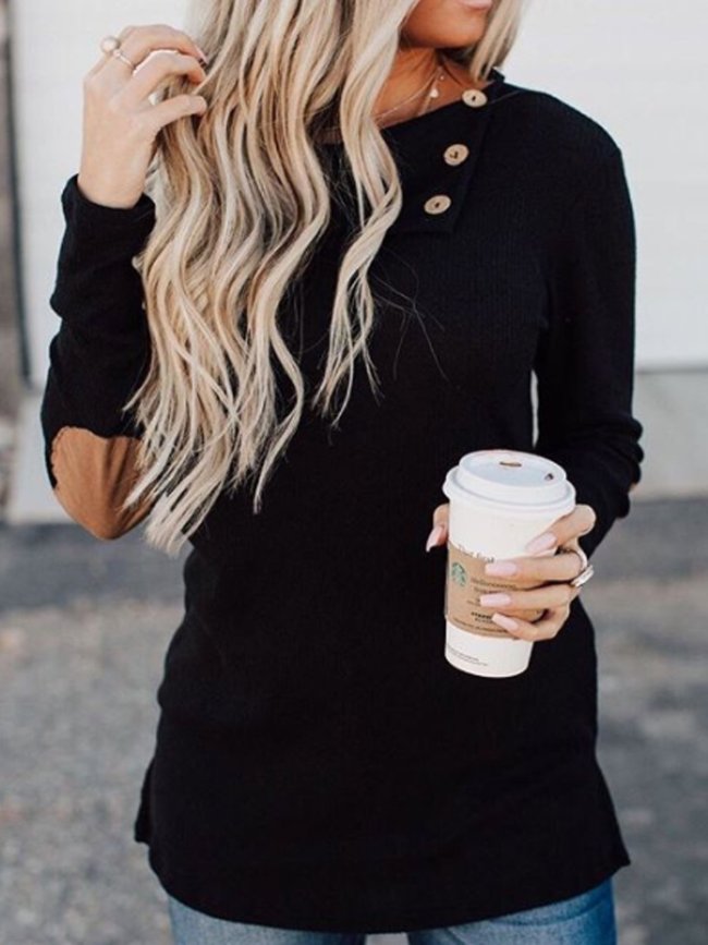 Black Casual Cotton-Blend Patchwork Shirts Sweatshirts