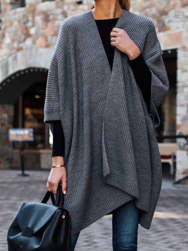 Collarless Gray Fashion Women Bat Sleeve Coats Outerwear