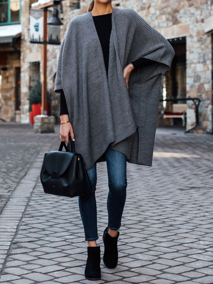 Collarless Gray Fashion Women Bat Sleeve Coats Outerwear