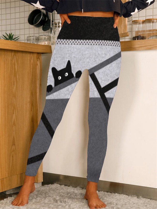 Color-block Cats Printed Plus Size Casual Pants