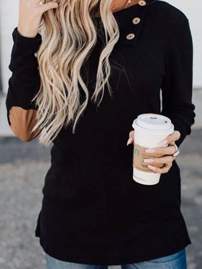 Black Casual Cotton-Blend Patchwork Shirts Sweatshirts