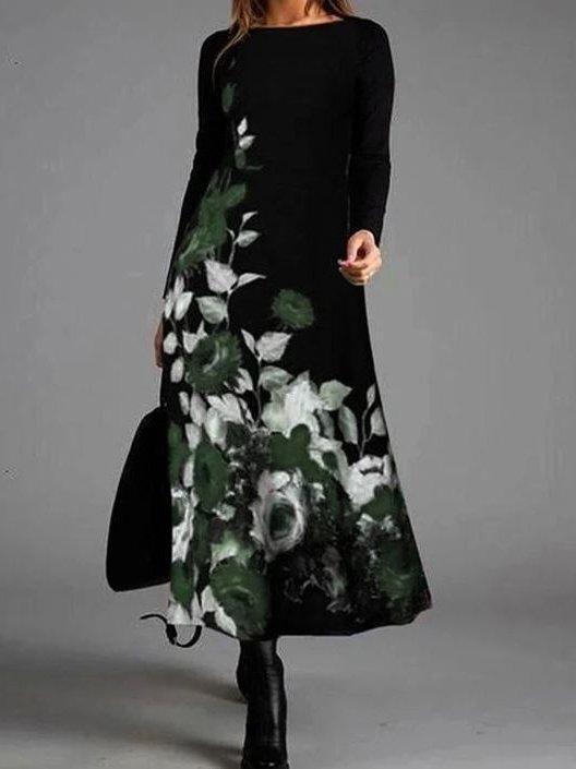 Simple Elegant Floral Women Warm Long Sleeve Maxi Dresses