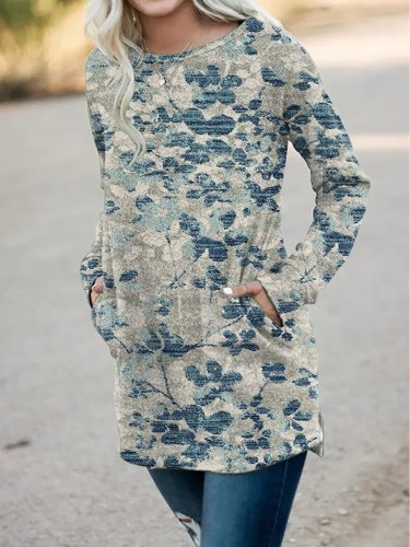 Casual Crew Neck Long Sleeve Floral Shirts & Tops