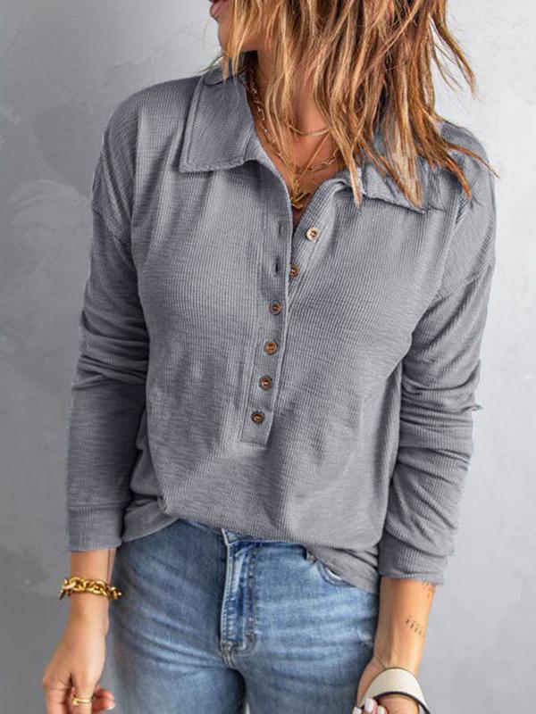 Plain turn down neck button design women blouses