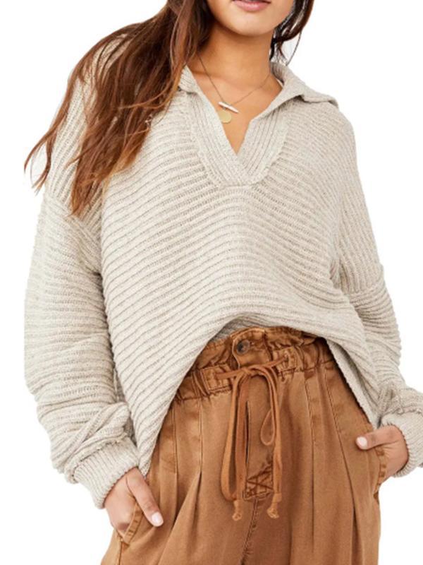 Loose solid color long-sleeve knit sweater  women's V-neck sweaters