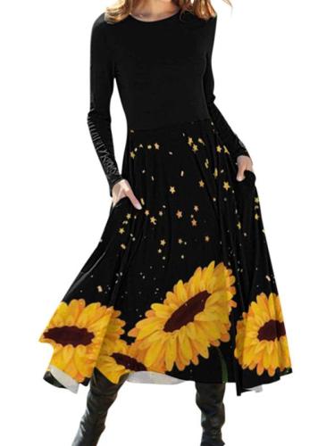 Colorblock Printed Long Sleeve Maxi Dresses for women