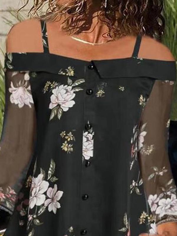 Off shoulder halter women floral printed button chiffon blouses