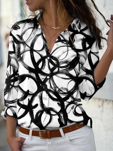 Women Fashion Casual abstract printed turn down neck long sleeve blouses