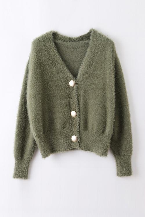Fuzzy Button V Neck Cardigan Sweaters