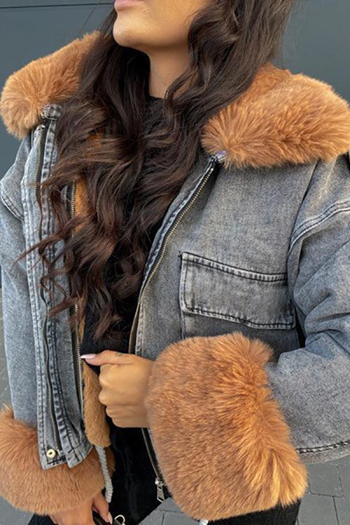 Detachable Fuzzy Faux Fur Collar Denim Coats