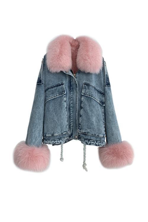Detachable Fuzzy Faux Fur Collar Denim Coats