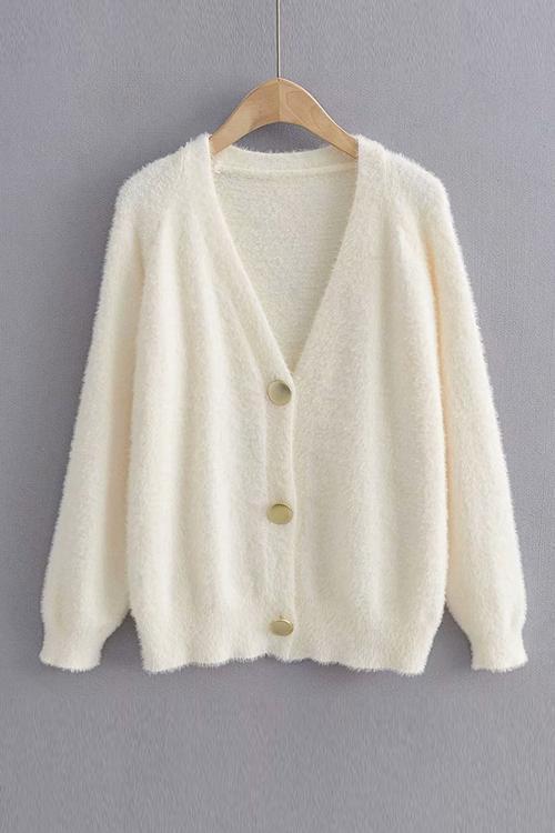 Fuzzy Button V Neck Cardigan Sweaters