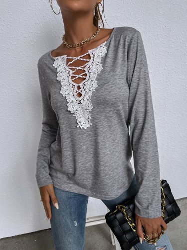 Loose long-sleeved top v-neck pullover solid color casual t-shirts