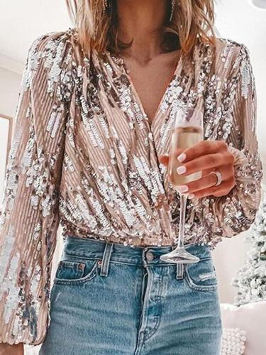 Autumn and winter sequined V-neck top blouses