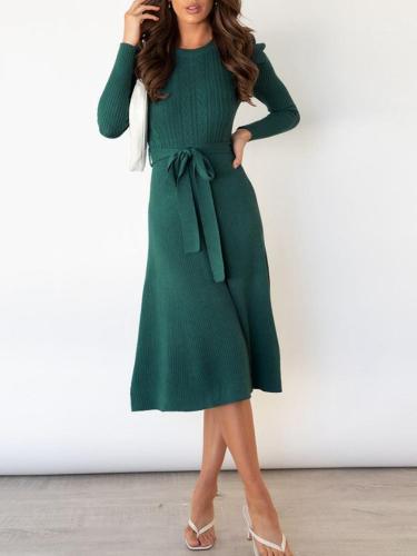 Tie Wrap Cable Knit Solid Midi Dress