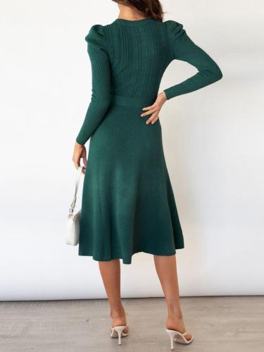 Tie Wrap Cable Knit Solid Midi Dress
