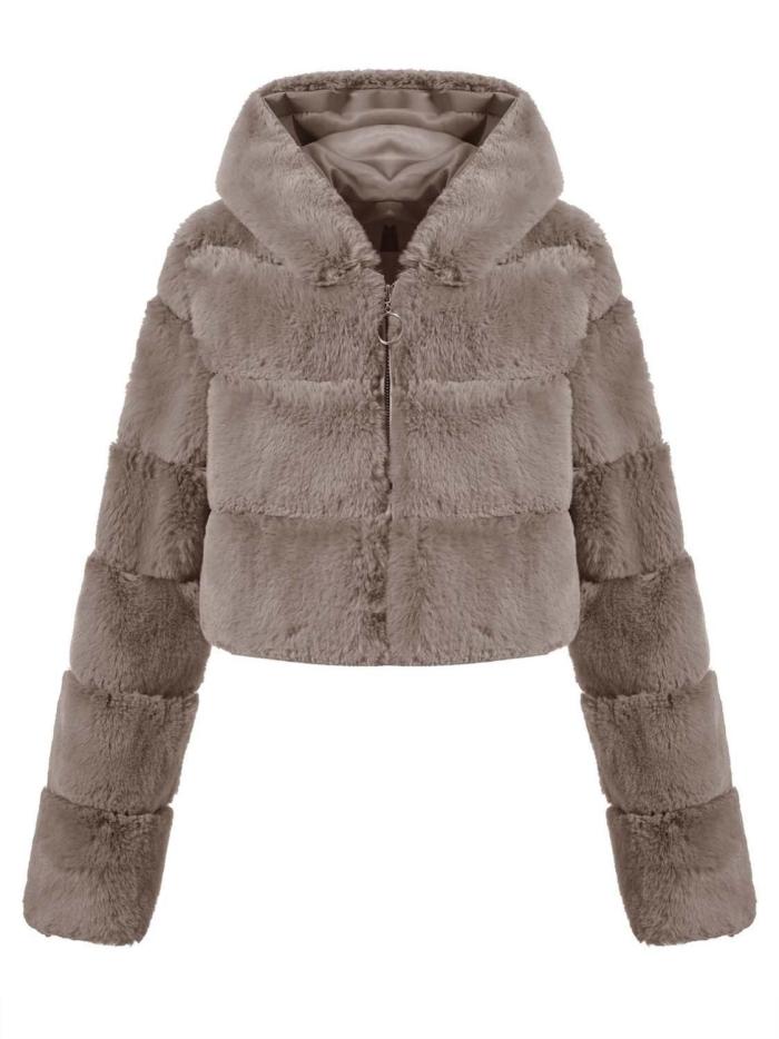 Thick Hooded Crop Faux Fur Jacket