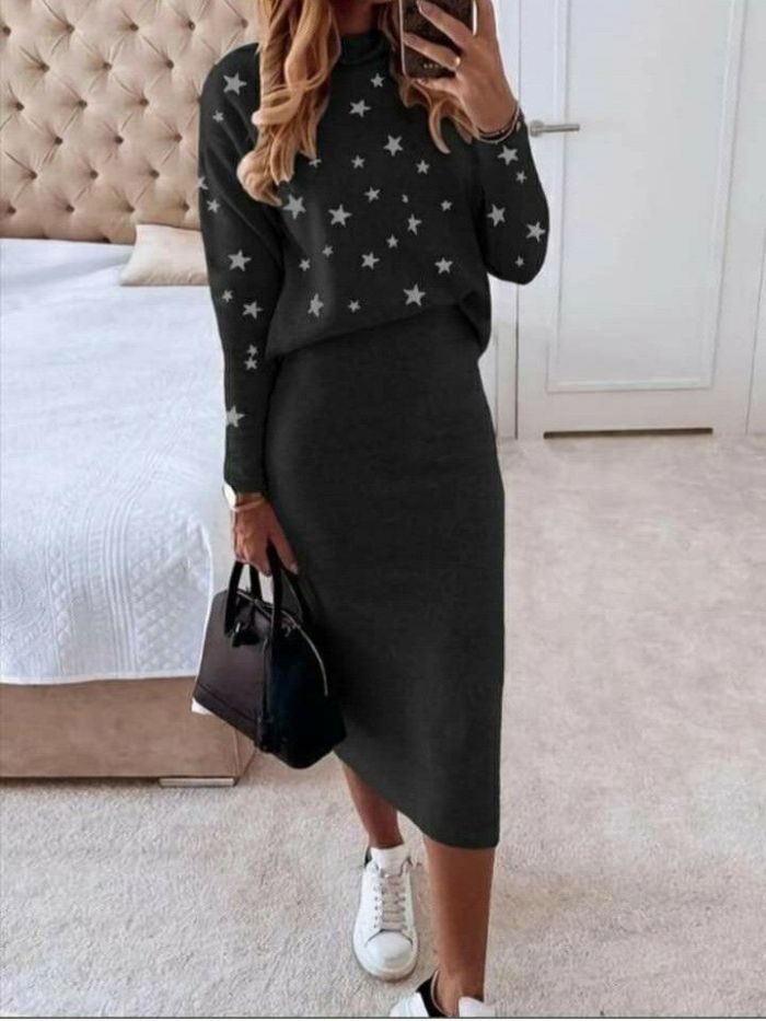 Long-sleeved high neck star printed sexy Sets Bodycon Dresses