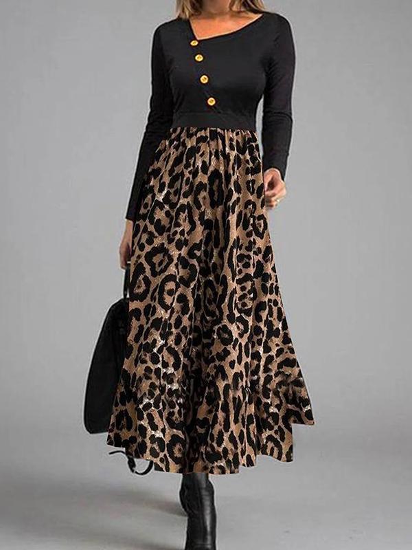 Bohemia Irregular neck women long sleebe leopard printed long dress maxi dresses