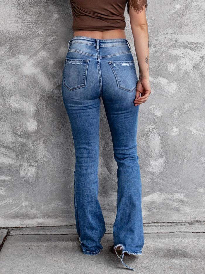 High Waist Slant Pocket Flare Ripped Jeans