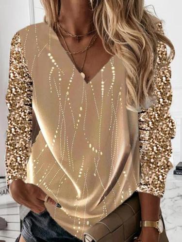 V-neck sequined long sleeve T-shirts