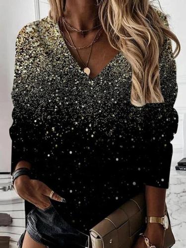 V-neck sequined long sleeve T-shirts