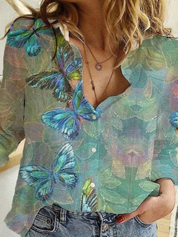 Women turn down neck butterfly printed button design long sleeve blouses