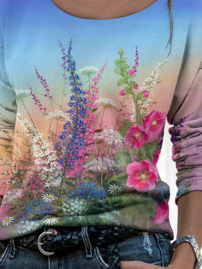 Pastoral Floral Printed Long Sleeve Shirts & Tops