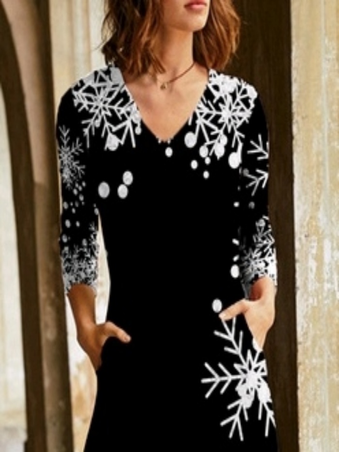 Snowflake Printed Long Sleeves V Neck Plus Size Casual Dresses