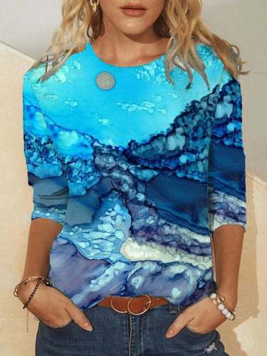 Casual Long Sleeve Round Neck Plus Size Printed Tops T-shirts
