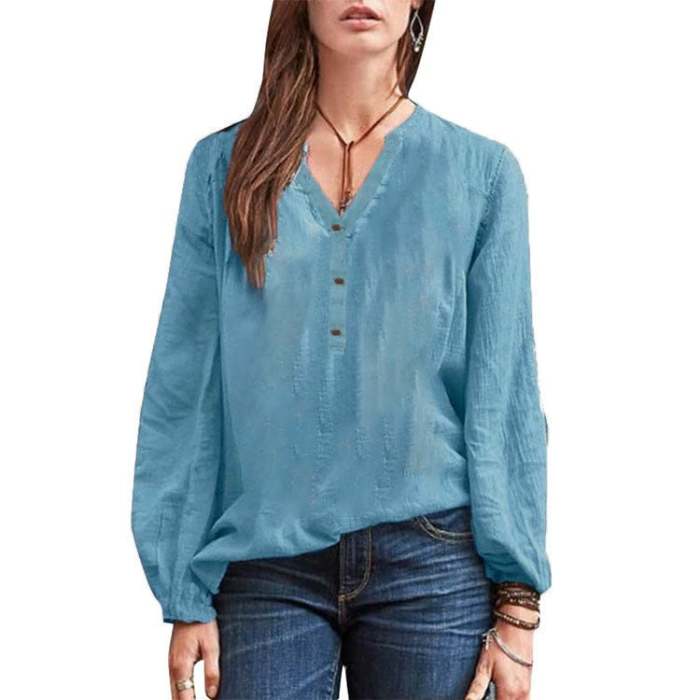 Casual women daily v neck button design long sleeve plain blouses