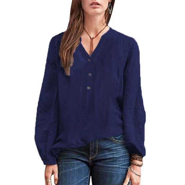 Casual women daily v neck button design long sleeve plain blouses