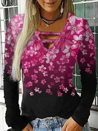 Floral V Neck Long Sleeve Sexy T-Shirts