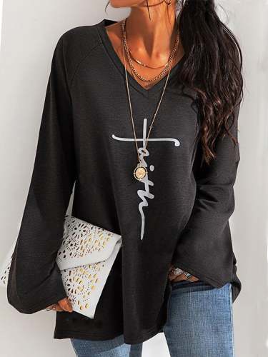 Casual Letter V Neck Long Sleeve Shirts & Tops