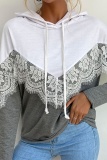 Casual Patchwork Lace Draw String  Contrast Hooded Collar Tops