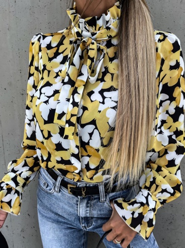 Fashion Elegant Print Flounce Strap Design Stringy Selvedge Collar Tops Blouses
