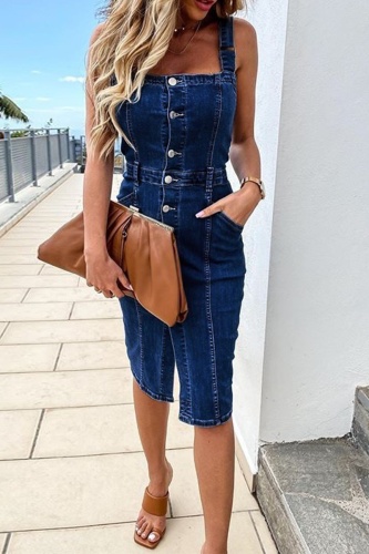 Casual Solid Buckle Square Collar Sleeveless Skinny Denim Dresses
