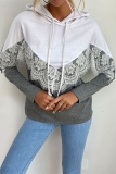 Casual Patchwork Lace Draw String  Contrast Hooded Collar Tops
