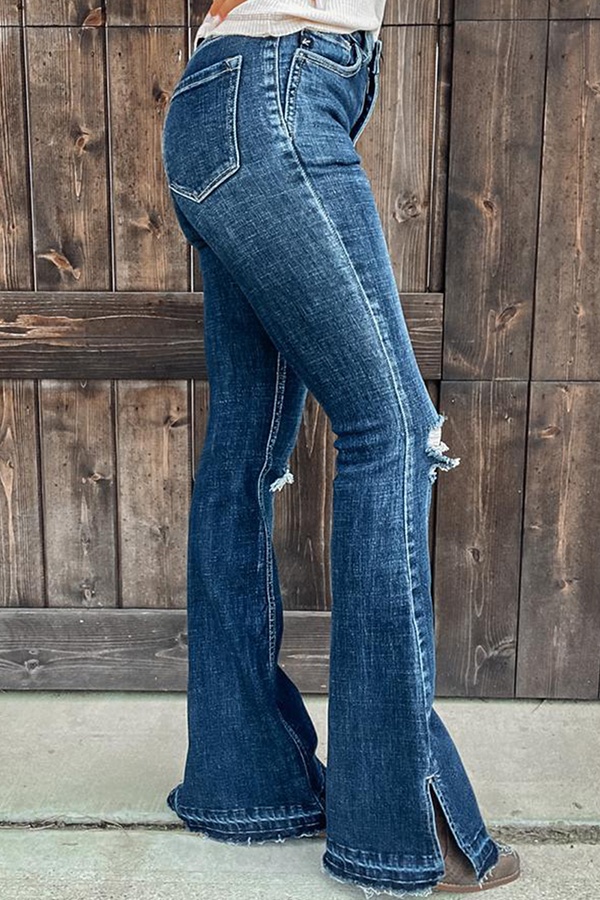 Casual Solid Tassel Ripped Boot Cut Bottoms
