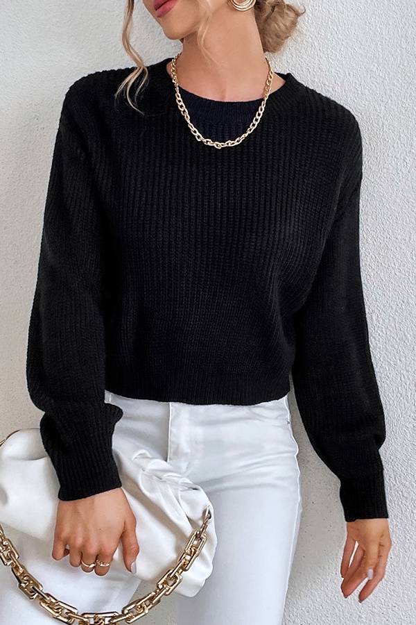 Fashion Casual Solid Hollowed Out Strap Design O Neck Tops Sweater