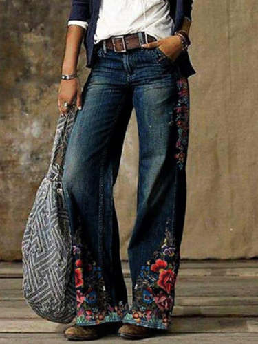 Stylish blue printed long jeans pants for women