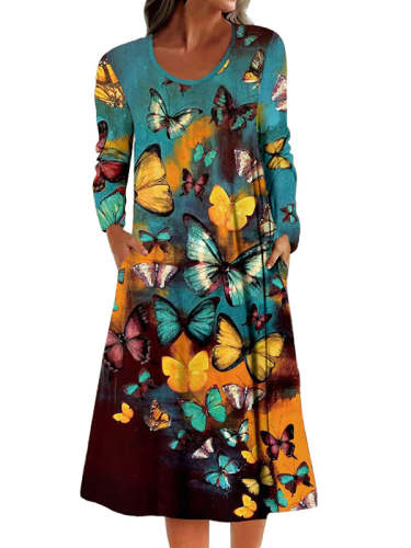 Women round neck butterfly printed long sleeve long dress maxi dresses